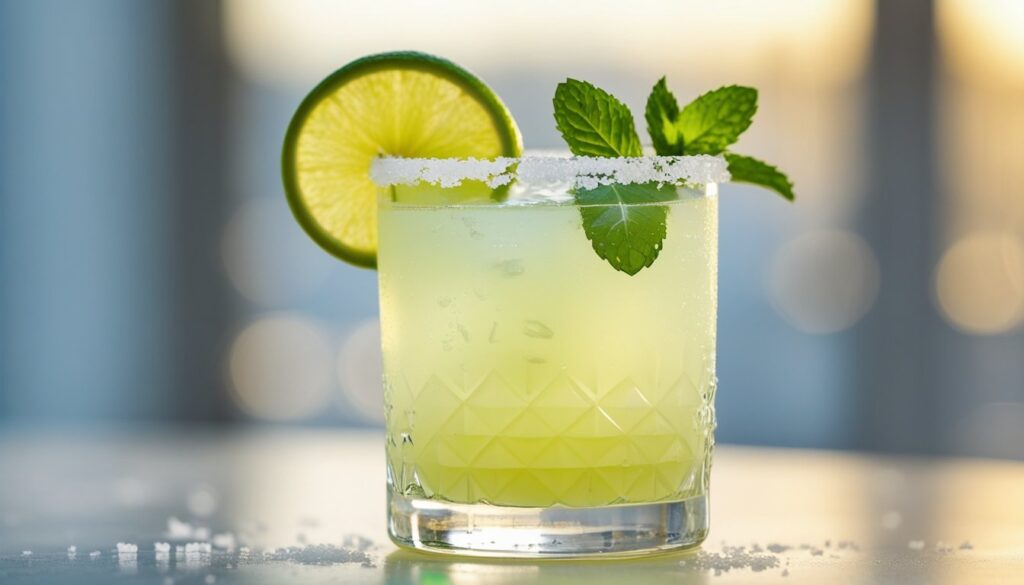 A beautifully presented skinny margarita in a salt-rimmed glass.