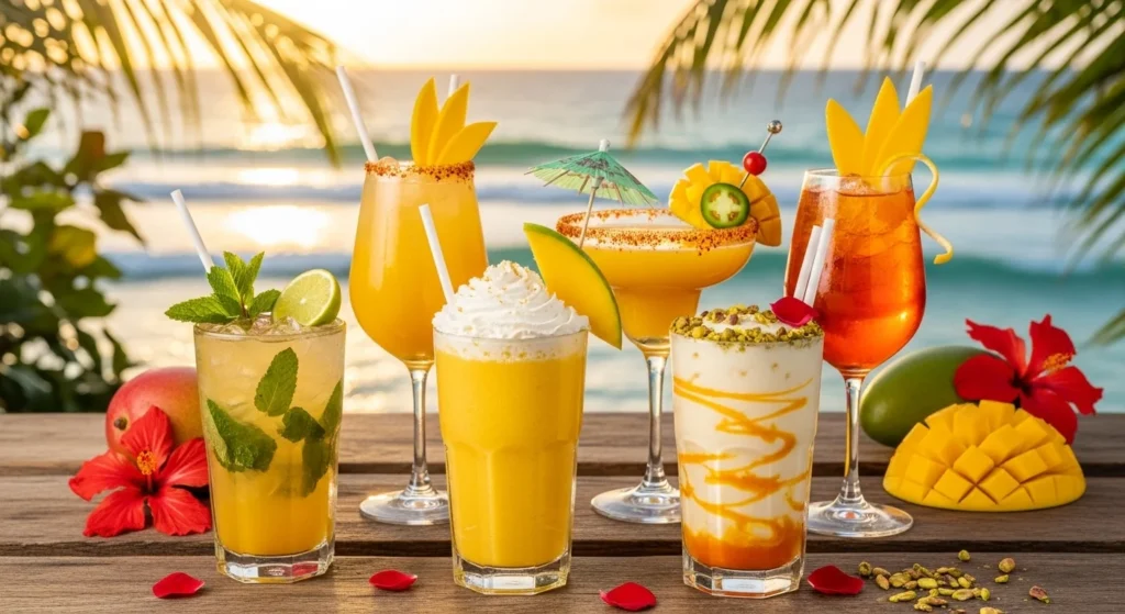 A collection of spectacular drinks with mango, beautifully presented in tall glasses with garnishes.