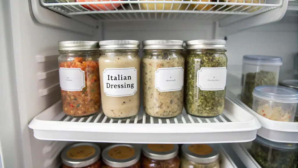 Jars of Italian dressing stored in a refrigerator.