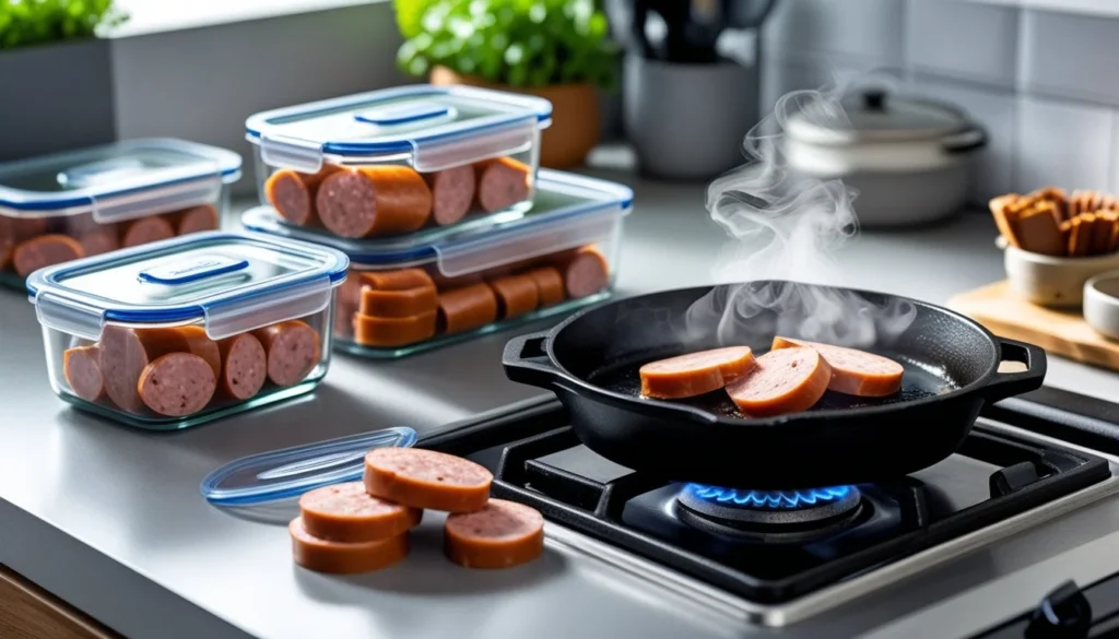 Storage and reheating process for smoked sausage leftovers.