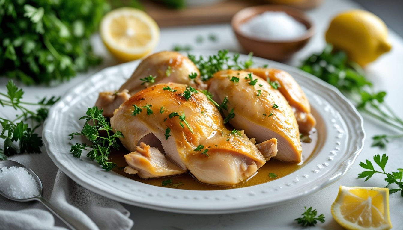 A beautifully plated boiled chicken dish ready to serve.