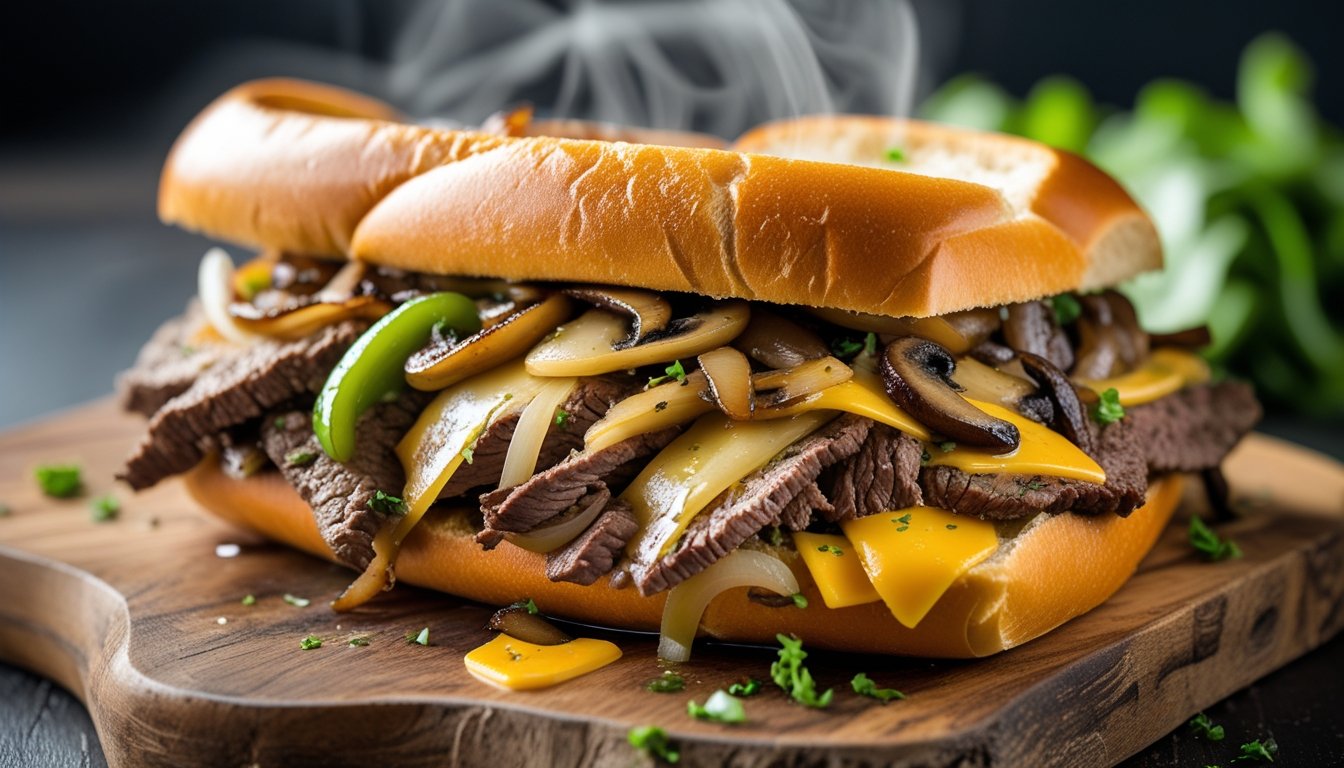 A delicious Philly cheesesteak loaded with beef, melted cheese, and sautéed vegetables in a hoagie roll.