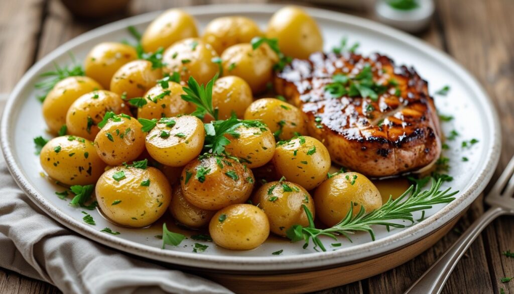A delicious plate of roasted yellow potatoes garnished with herbs.
