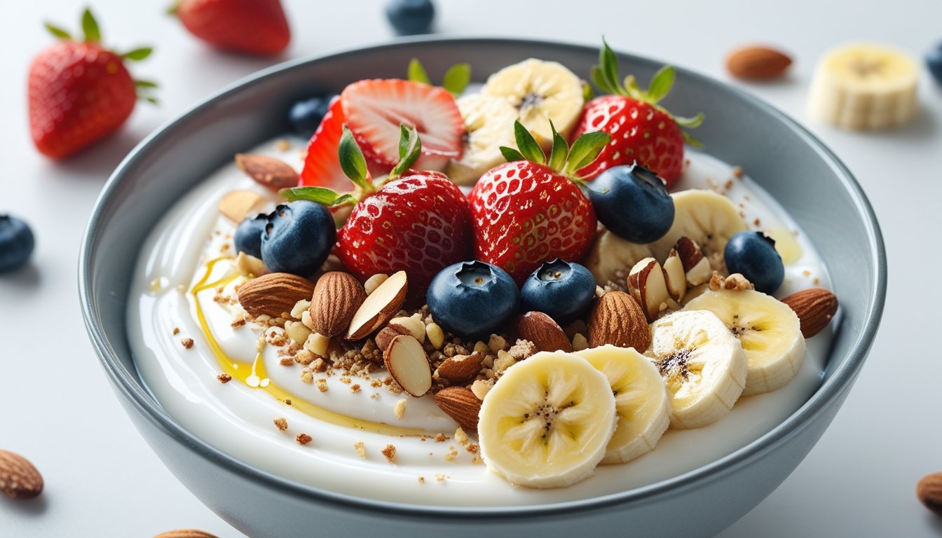 A bowl of yogurt beaten topped with fresh fruits and nuts, showcasing its creamy texture.