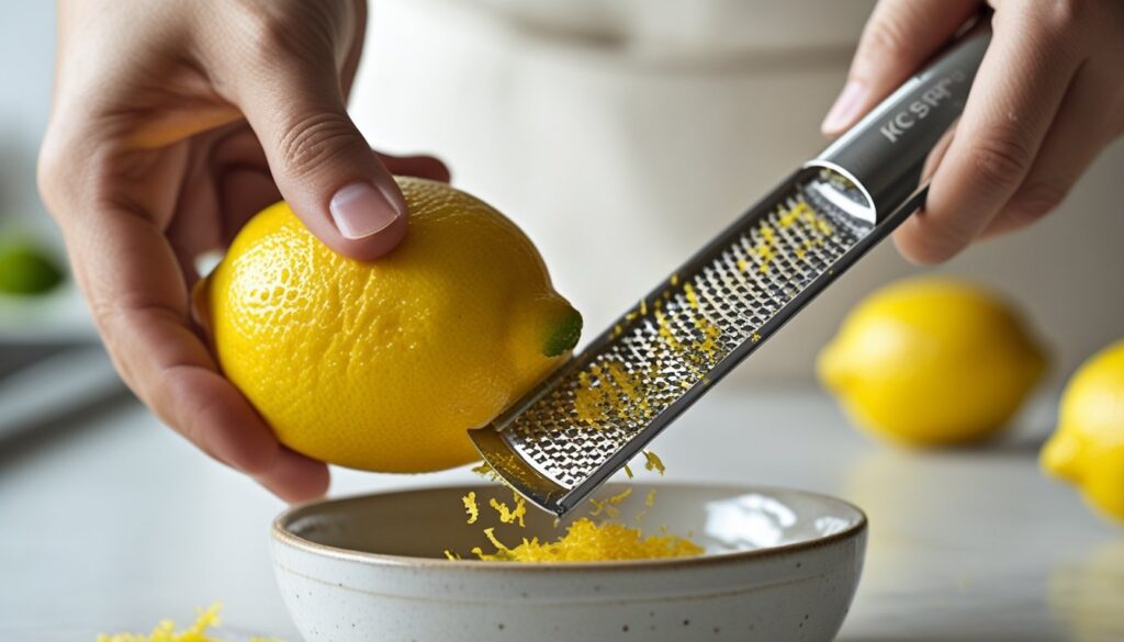A person zesting a lemon with a microplane in a bright kitchen.