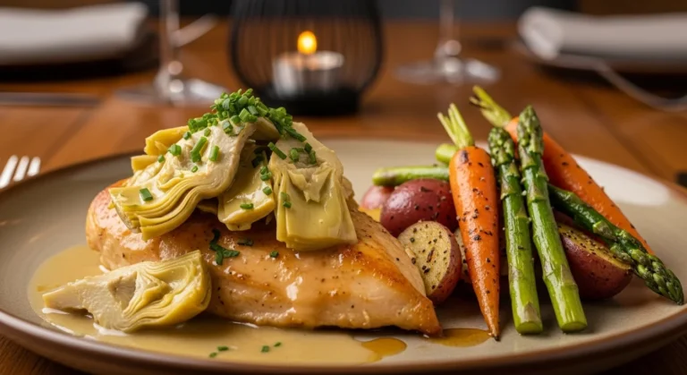 Plated artichoke chicken served with roasted vegetables.