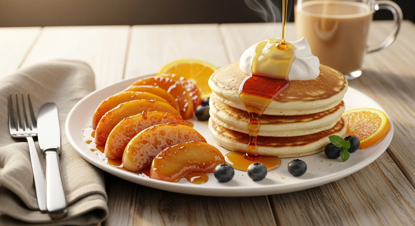 Caramelized apples served on pancakes with whipped cream.