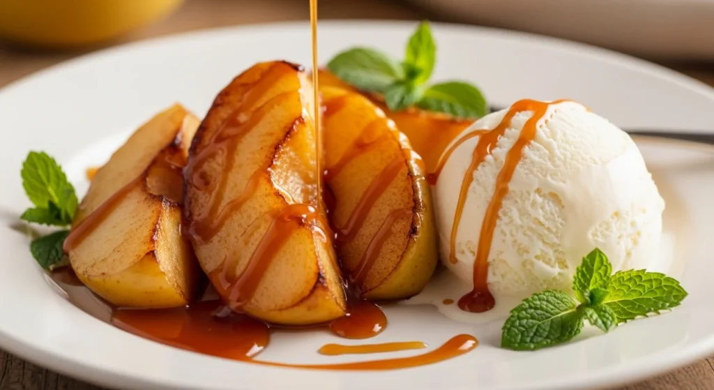 A plate of caramelized apples topped with caramel sauce and vanilla ice cream.