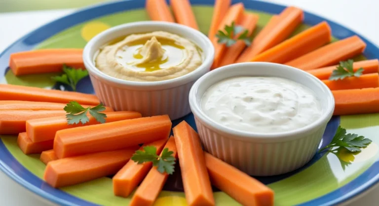 A colorful plate of carrot sticks served with dips like hummus and ranch dressing.