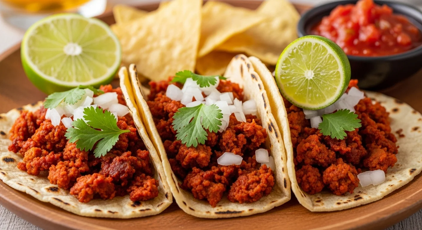 A plate of chorizo tacos garnished with cilantro and lime, served with salsa.