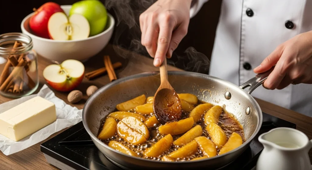 A chef stirring caramelized apples in a skillet.