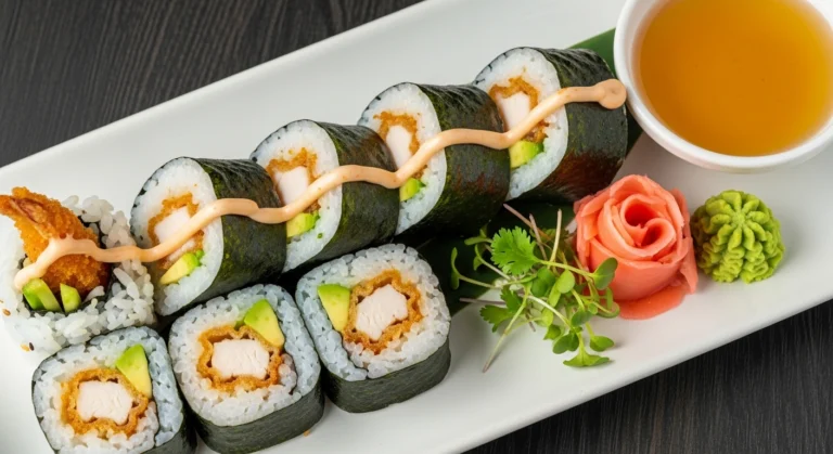A beautifully plated chicken tempura roll with dipping sauce and garnishes.