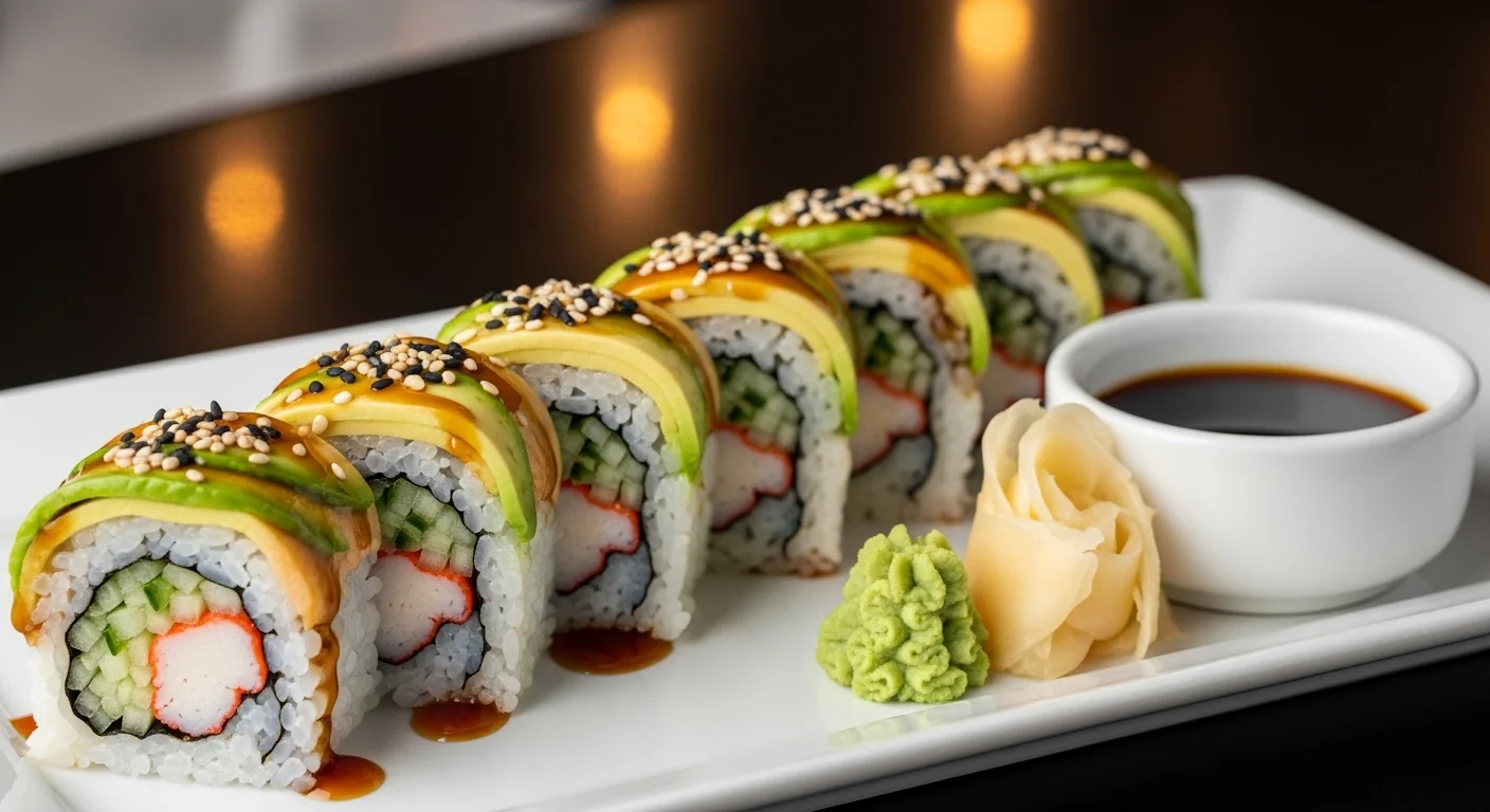 A beautifully plated crab sushi roll garnished with sesame seeds and served with soy sauce.