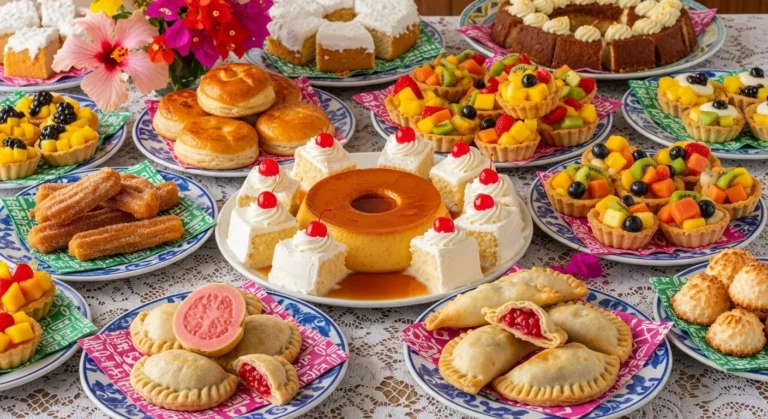 A variety of Cuban desserts displayed on a festive table.