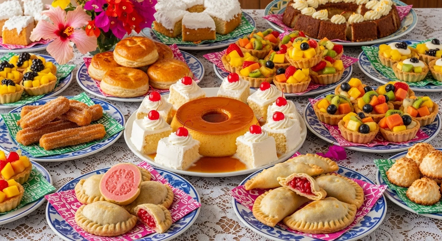 A variety of Cuban desserts displayed on a festive table.