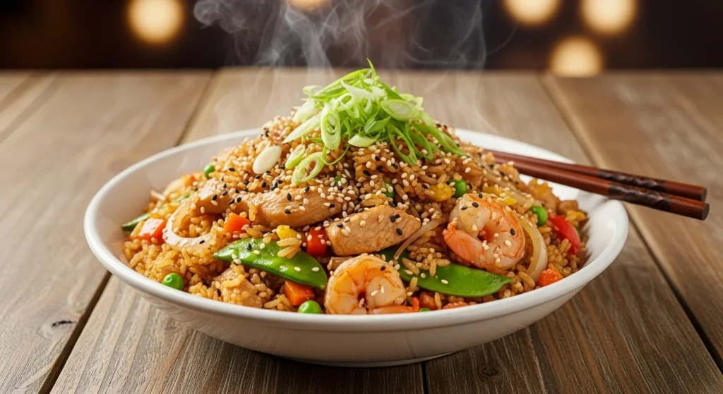 A bowl of delicious hibachi fried rice garnished with green onions and sesame seeds.