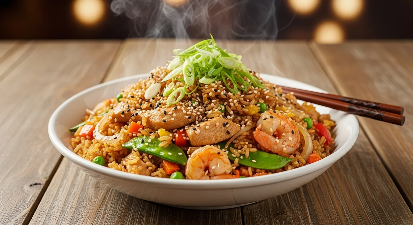 A bowl of delicious hibachi fried rice garnished with green onions and sesame seeds.