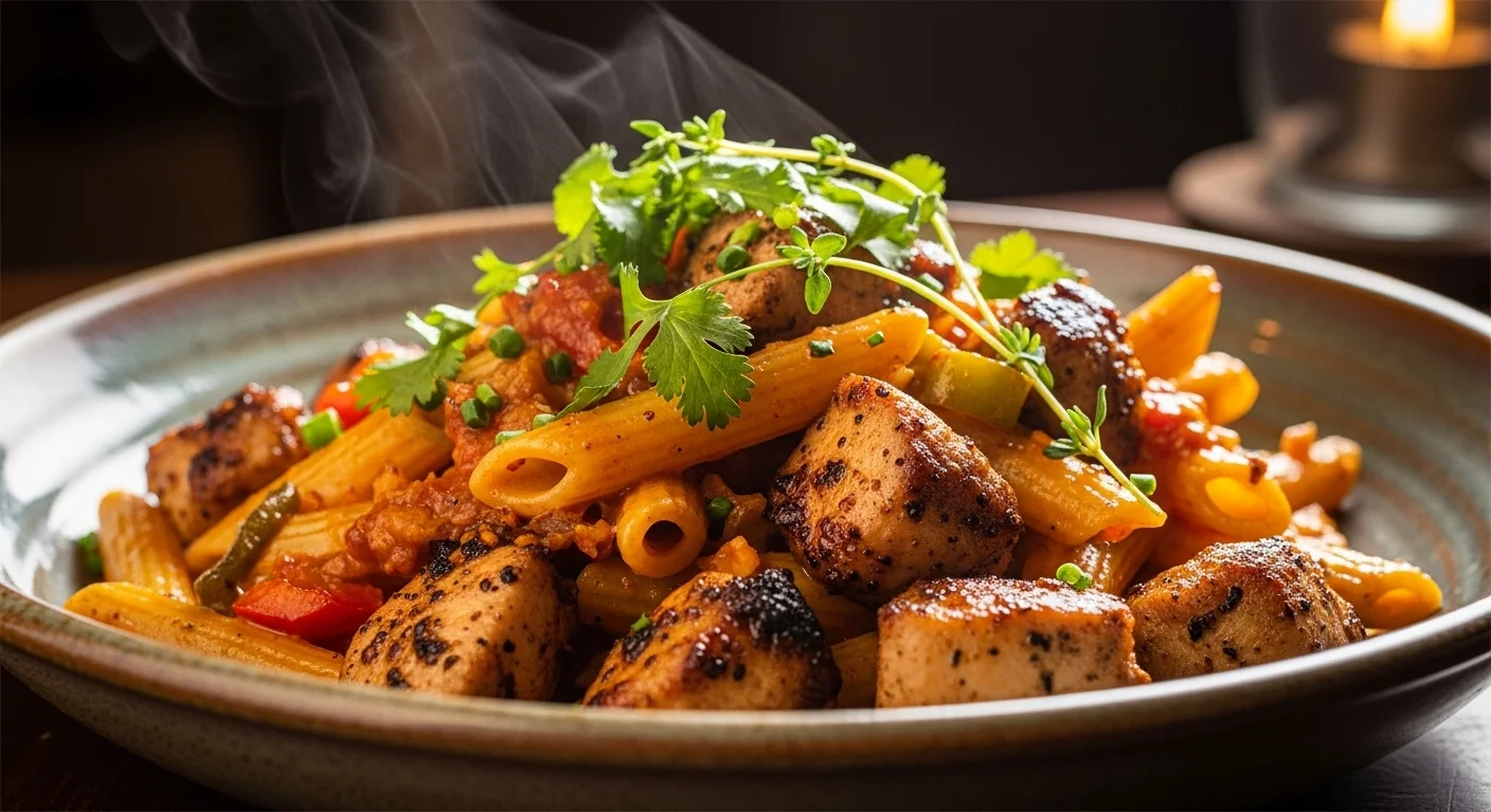 A beautifully plated jerk chicken pasta garnished with parsley.
