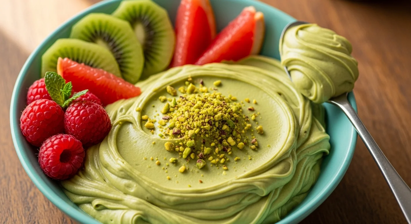 A bowl of creamy pistachio cream garnished with crushed pistachios.