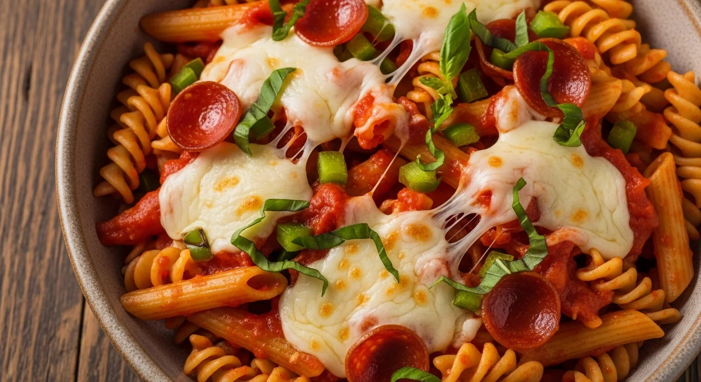 A delicious serving of pizza pasta topped with cheese and basil.