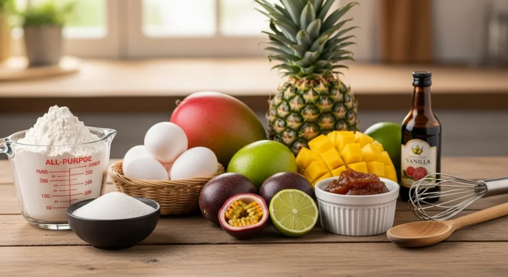 Ingredients for Cuban desserts displayed on a kitchen counter.
