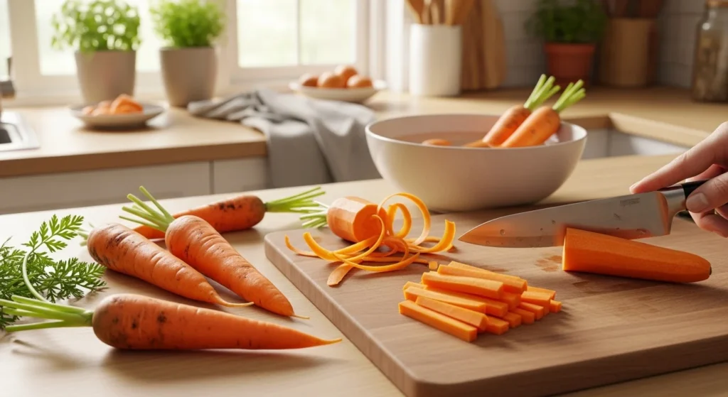 Step-by-step process of making carrot sticks, showing fresh carrots being washed, peeled, and cut into sticks.