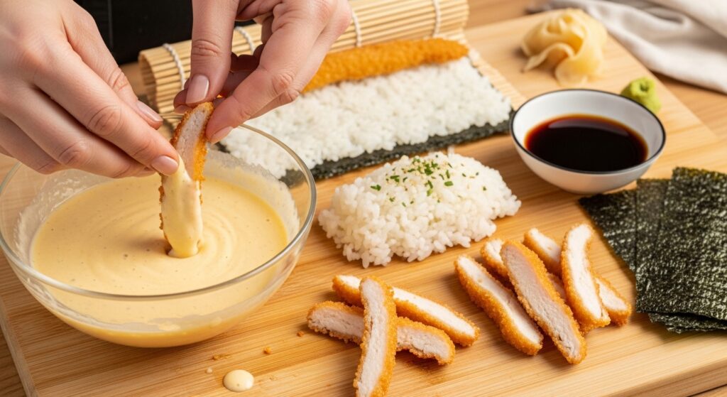 Step-by-step process of making chicken tempura rolls with ingredients laid out.