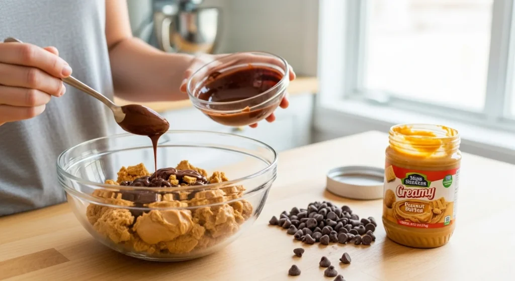 Ingredients and steps for making chocolate peanut butter treats displayed in a bright kitchen.
