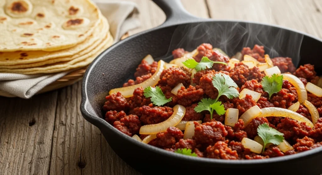 A skillet filled with cooked chorizo, diced onions, and chopped cilantro, with warm tortillas on a rustic wooden table.