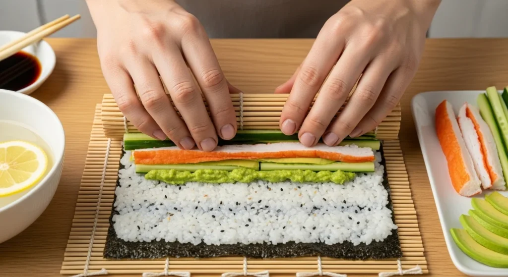A step-by-step guide to making crab sushi, featuring ingredients and preparation steps.
