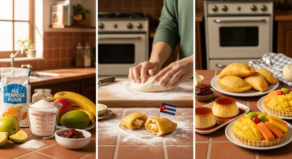 Step-by-step process of making Cuban desserts with ingredients displayed.