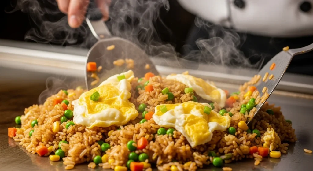 A skillet filled with colorful hibachi fried rice, featuring mixed vegetables and scrambled eggs.