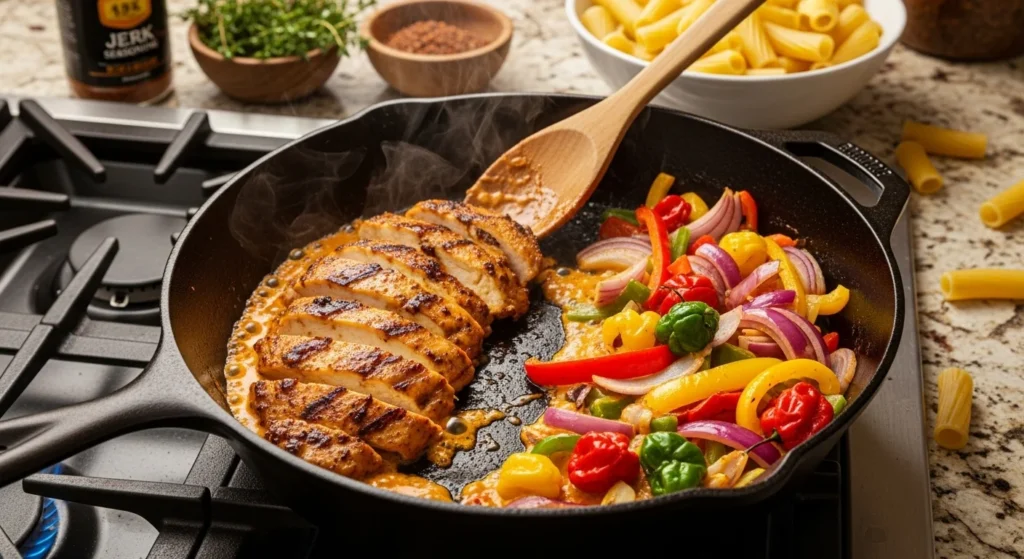 A skillet with jerk chicken pasta, showcasing colorful bell peppers and creamy sauce.