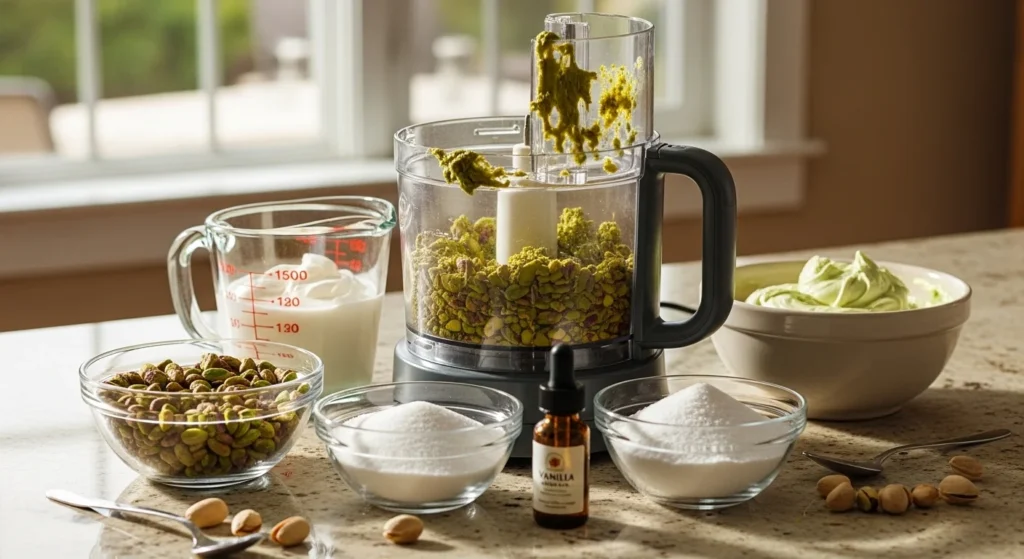 Step-by-step process of making pistachio cream with ingredients displayed.