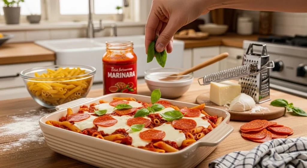 A step-by-step guide to making pizza pasta with ingredients laid out on a kitchen counter.