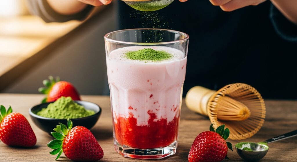 A step-by-step preparation of a Strawberry Matcha Latte, highlighting fresh strawberries and matcha powder.