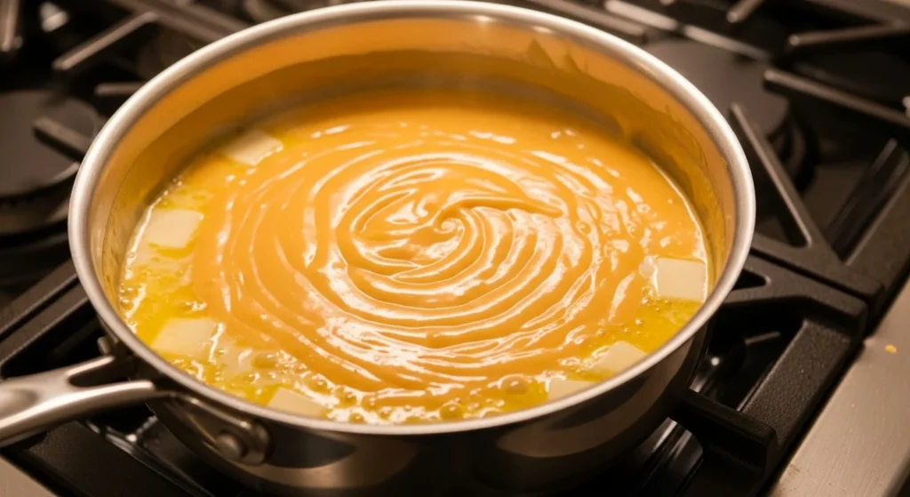 A saucepan with melted Velveeta cheese sauce on the stove, surrounded by ingredients.