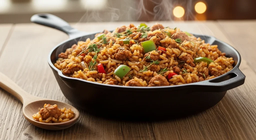 A skillet filled with Zatarain's Dirty Rice, featuring ground turkey, bell peppers, and spices.