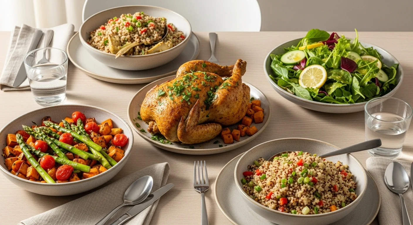 Serving suggestions for artichoke chicken with various sides.