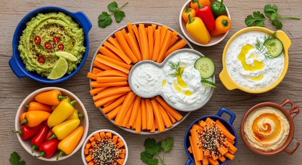 Different ways to serve carrot sticks with various dips.