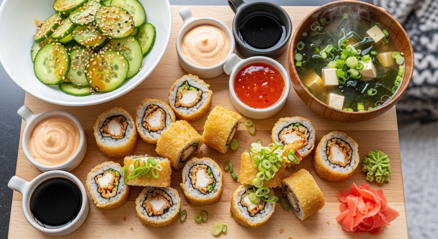 Different serving suggestions for chicken tempura rolls with various sides.