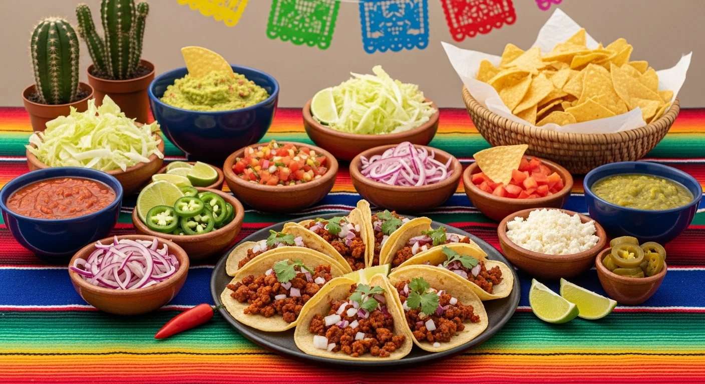 A taco bar featuring chorizo tacos and various toppings.