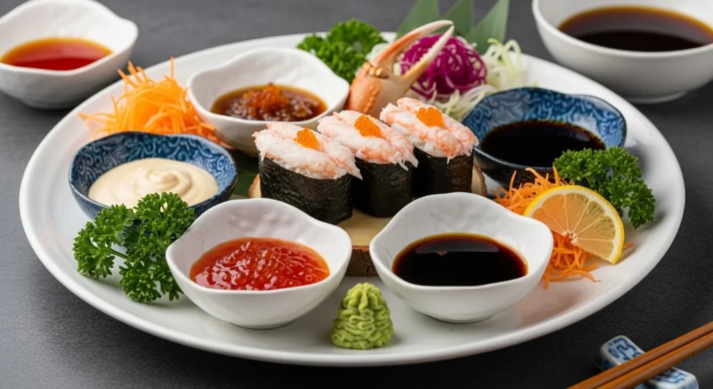 Crab sushi served with soy sauce, wasabi, and garnishes on a platter.
