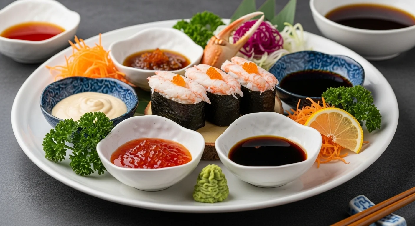 Crab sushi served with soy sauce, wasabi, and garnishes on a platter.