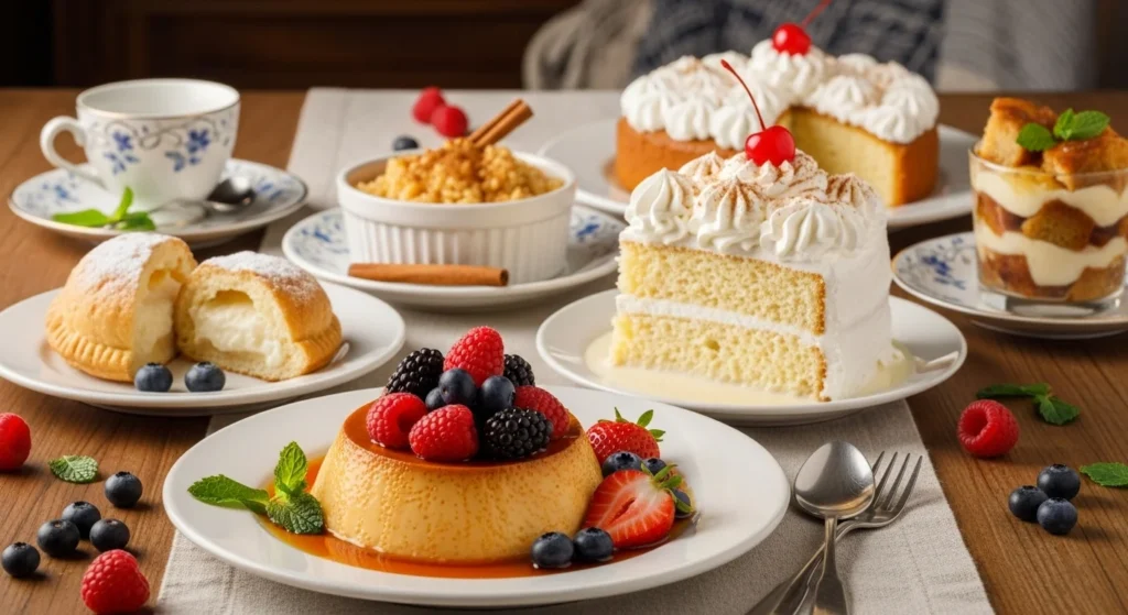 Serving suggestions for Cuban desserts with various toppings.