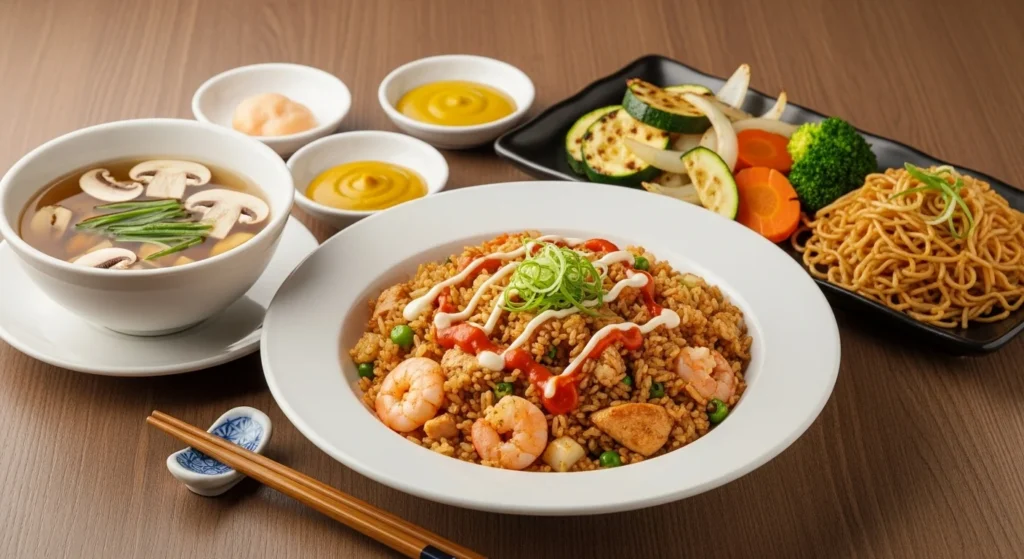 Serving suggestions for hibachi fried rice with garnishes and side dishes.