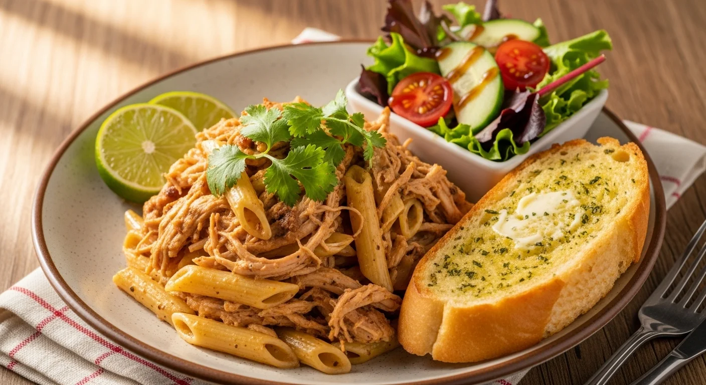 Jerk chicken pasta served with garlic bread and a fresh salad.