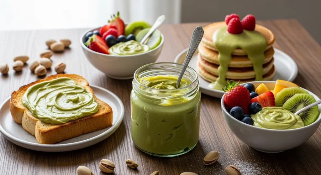 Different serving suggestions for pistachio cream.