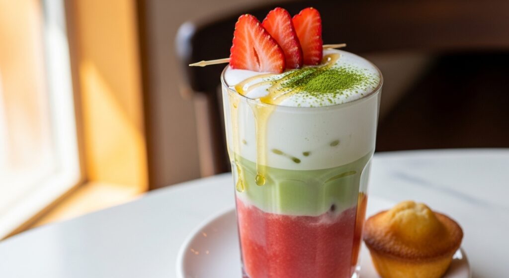 Serving suggestions for Strawberry Matcha Latte with garnishes and a light pastry.