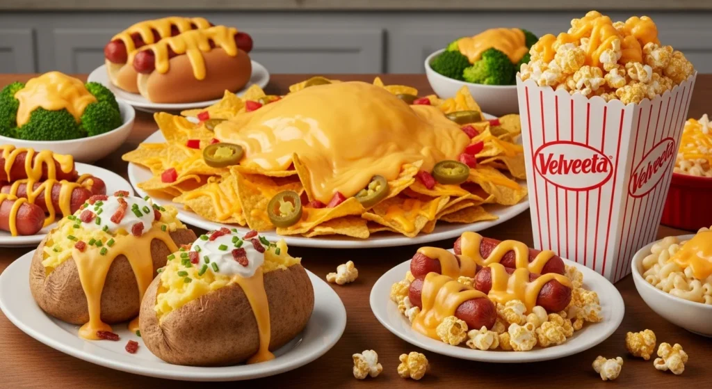 Different dishes served with Velveeta cheese sauce.